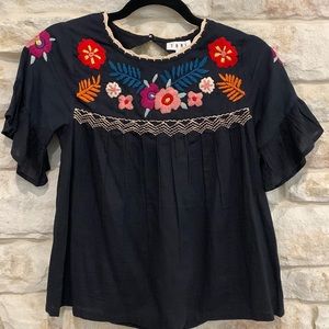 THML Boutique black flutter sleeve blouse with embroidered flowers, size XS